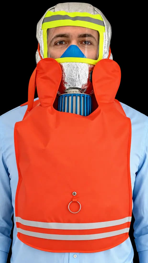 Illustrative wearer showing the Field Escape O2 hood and front pouch
