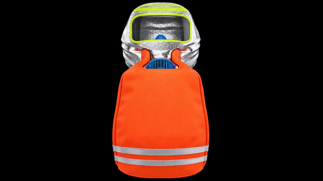 Field Escape O2 silver escape hood with clear window and orange pouch